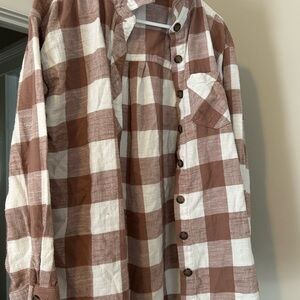 Brown and White Plaid Button-Up Shirt
